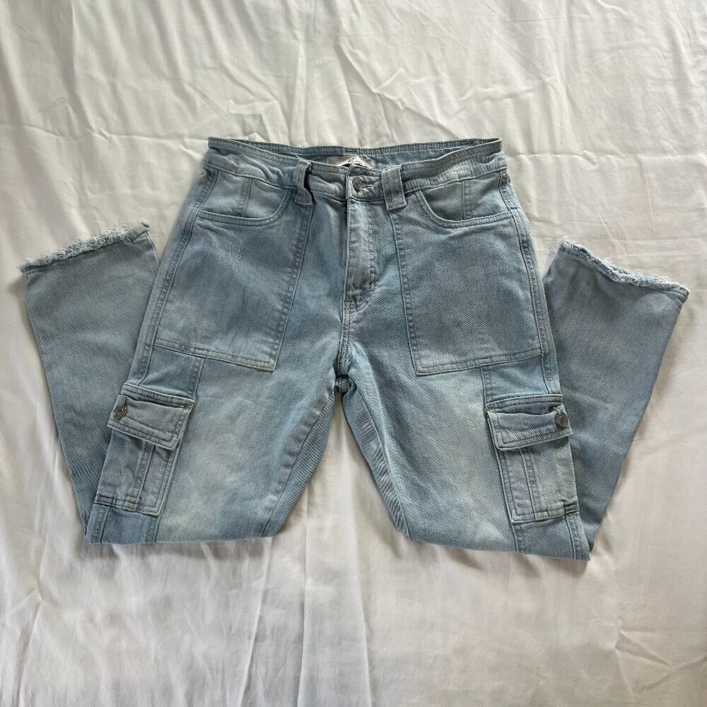KanCan Light Wash High Waist Straight Leg Cotton Blend Cargo Jeans | Size 9